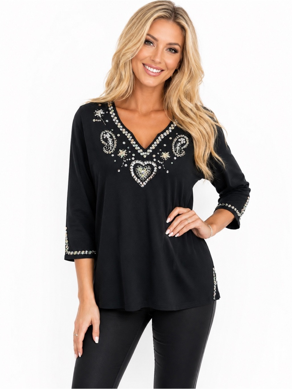 Quacker Factory Women’s XL Black Sequin Rhinestone Heart V-Neck 3/4 Sleeve Top